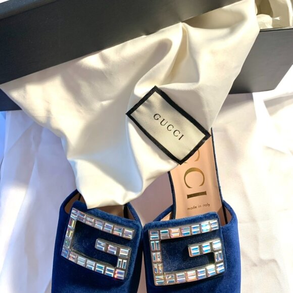 Gucci Madelyn Crystal Logo Blue Velvet Mules - Worn Once - Eu Size 39 - Picture 5 of 5